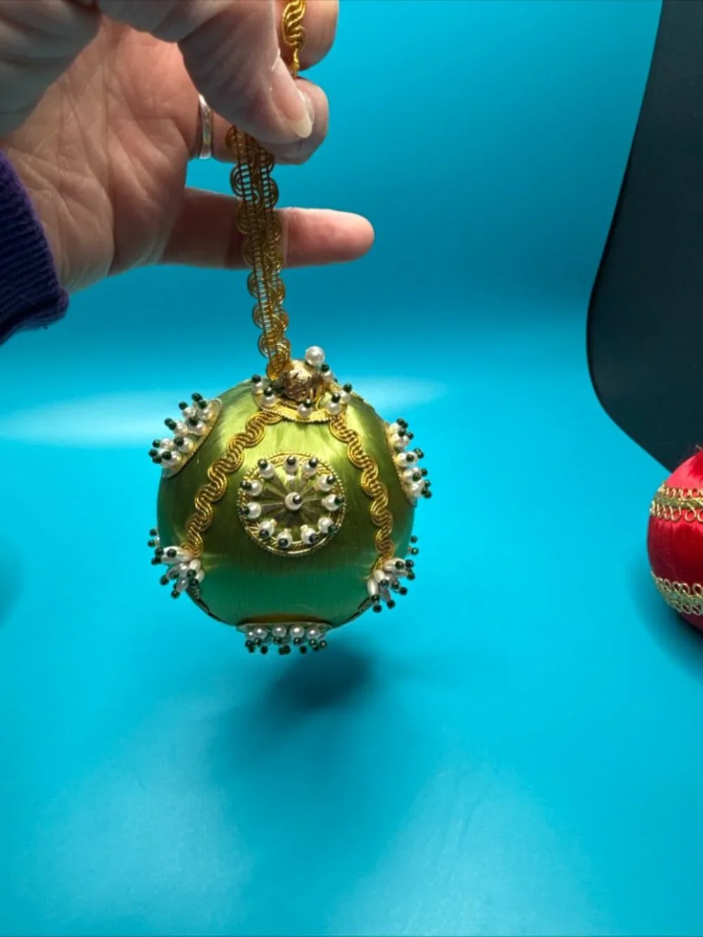 VTG Lot of 3 Push Pin Satin Beaded Jeweled Bulb Christmas Ornaments Red & Green
